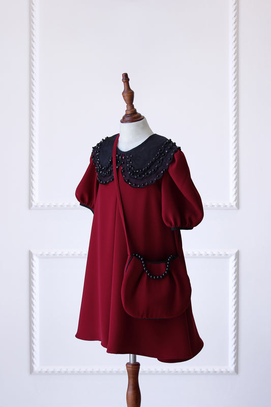 Eid 2023 - Maroon - Organza Collar Dress W/Purse