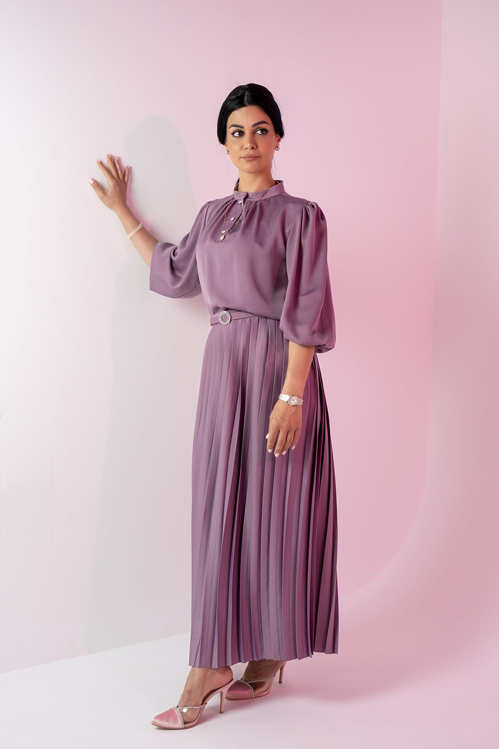 Purple Collar Midi Sleeves Blouse