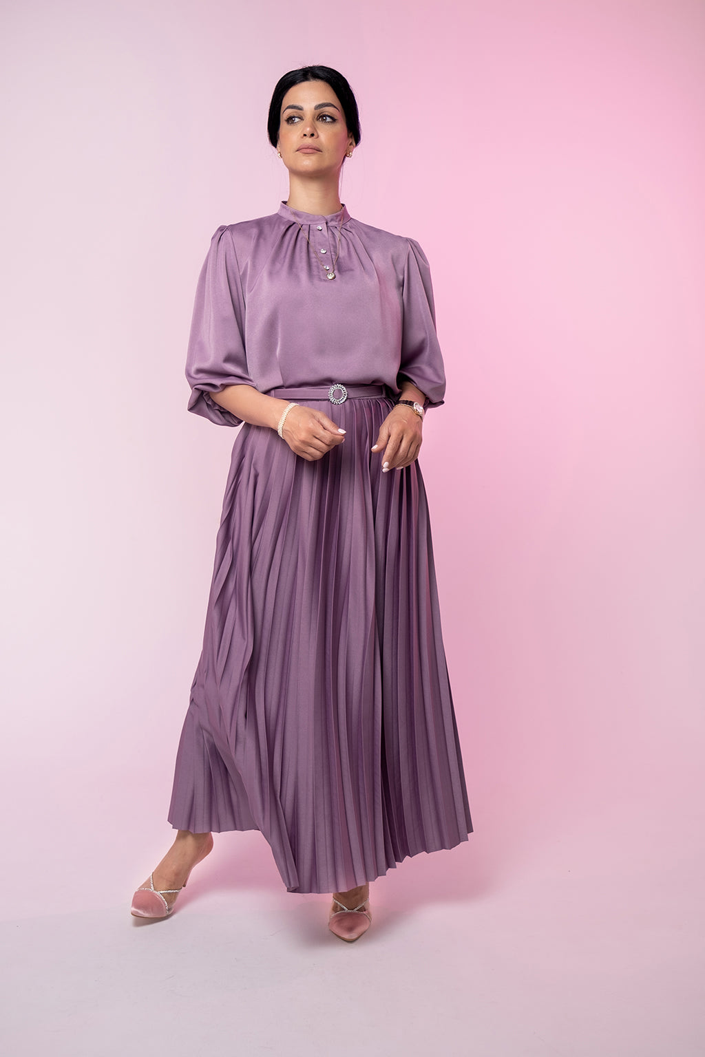 Purple Collar Midi Sleeves Blouse