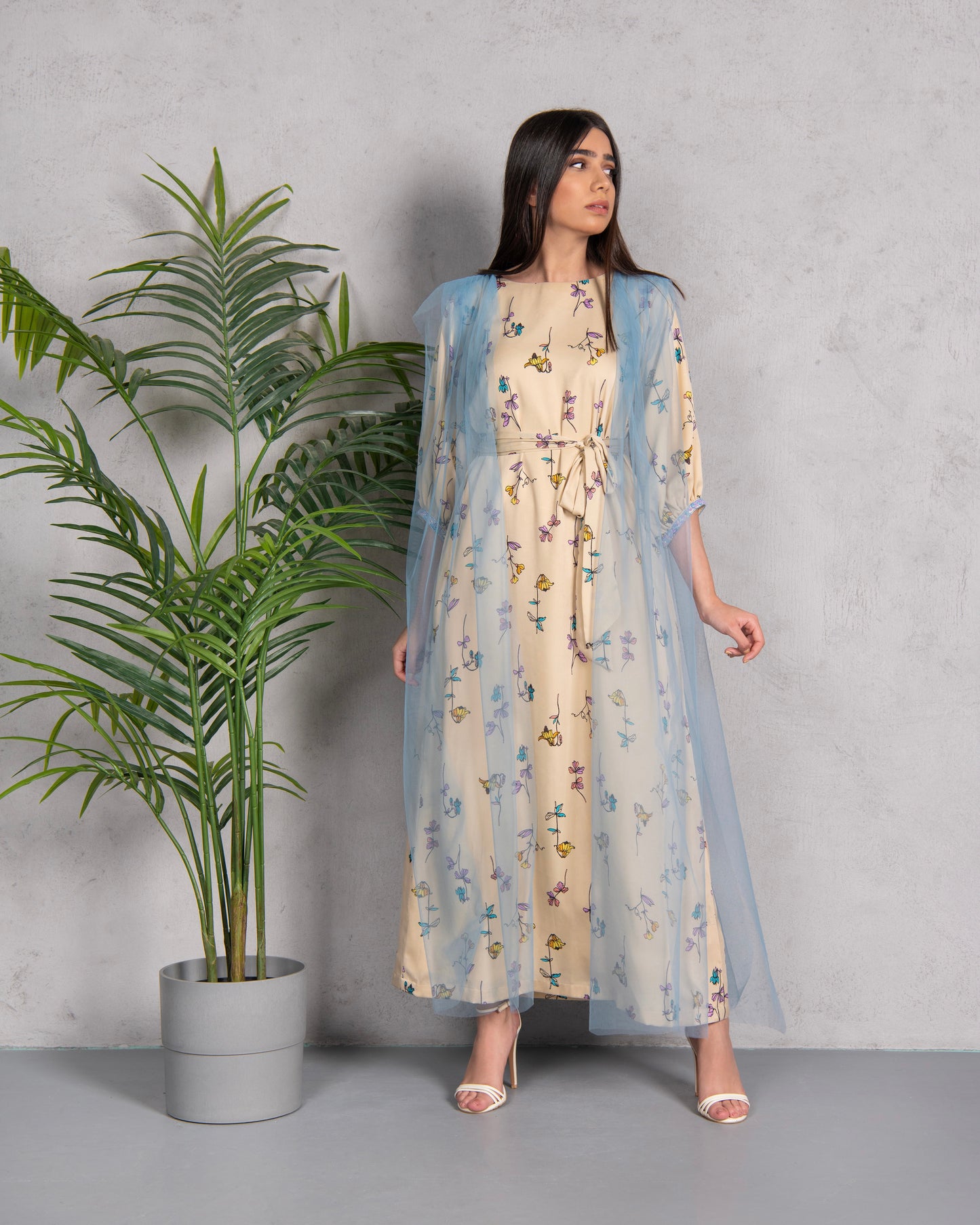 Printed Floral Kaftan W/Tulle